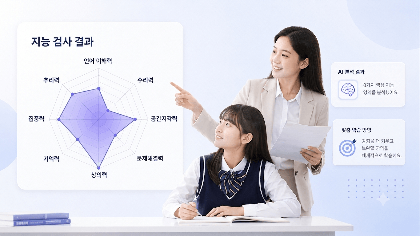 재능 진단 결과 그래프를 함께 보며 이야기하는 선생님과 학생. 8가지 재능 영역 분석과 맞춤 학습 방향 안내